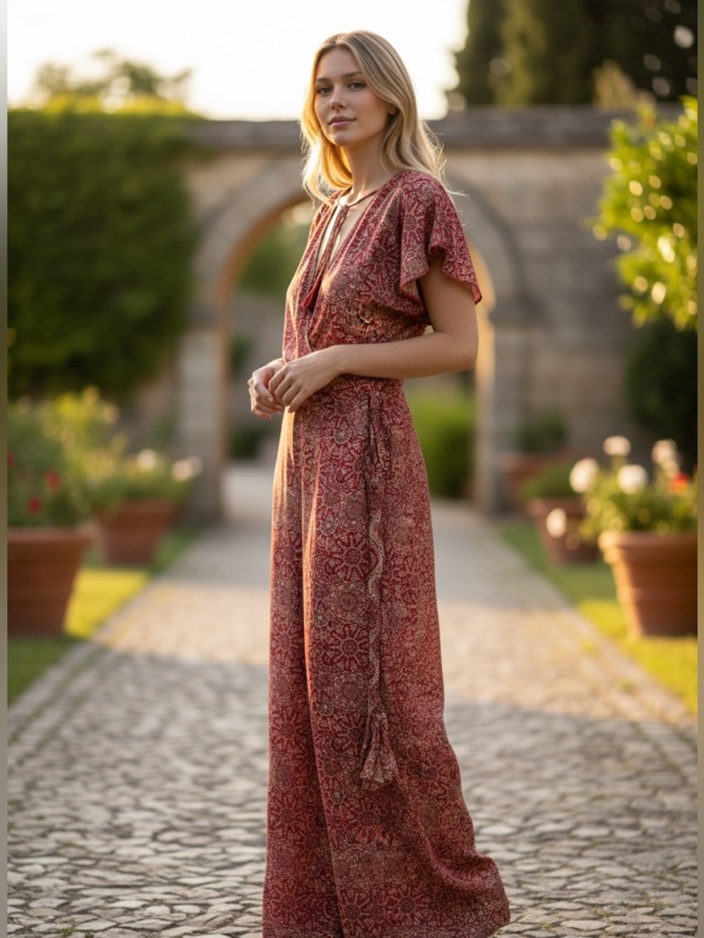 Red Printed Jumpsuit, Cut Out Back, and w/Pockets